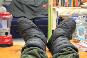 Kicking back in my down booties!
